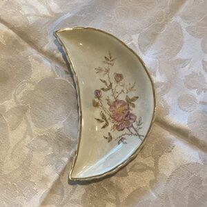 Vintage Floral Crescent Plate with Gold Edge